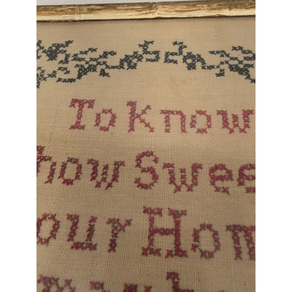 Vintage Cross Stitch Gold Faux Bamboo Frame Home Sweet Home Wall Art